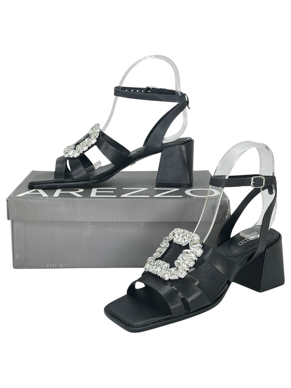 Arezzo Sadie Black Faux Leather Rhinestone Heeled Womens Sandals Size 7M